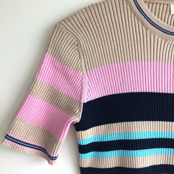 Roolee Ribbed 3/4 Sleeve Pullover Beige Striped Pink Blue Sweater Sz S - Picture 4 of 11